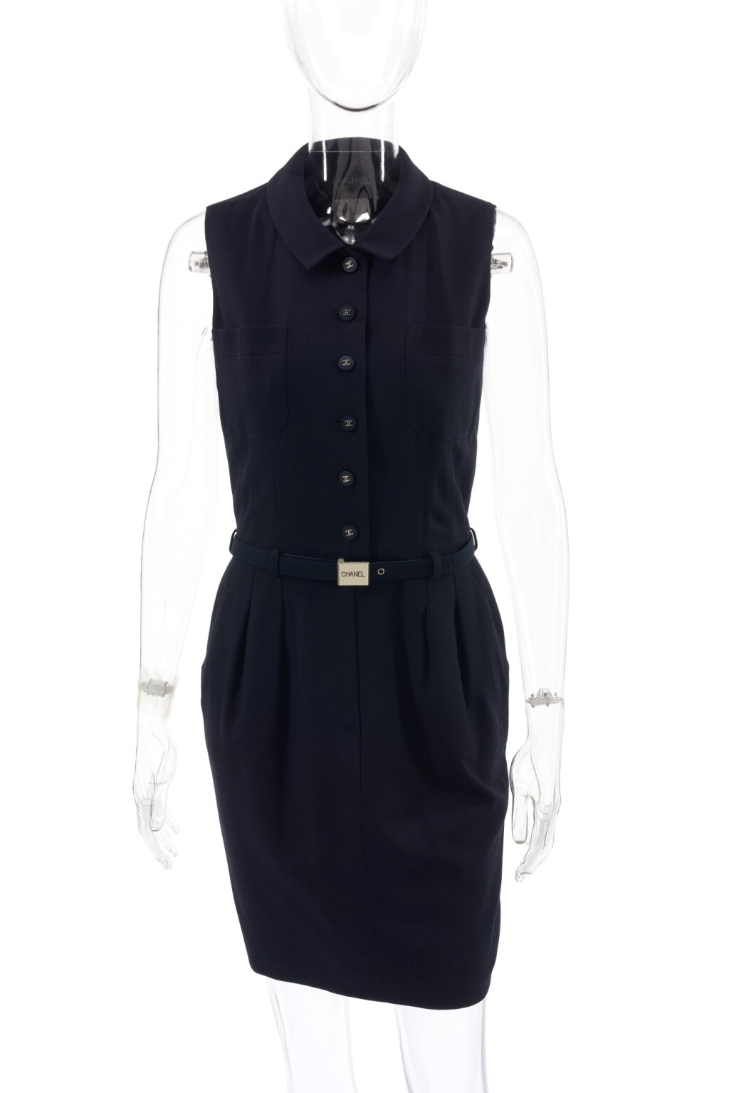 View full screen - View 1 of Lot 181. CHANEL | MIDNIGHT BLU WOOL BELTED SHIRT-DRESS .