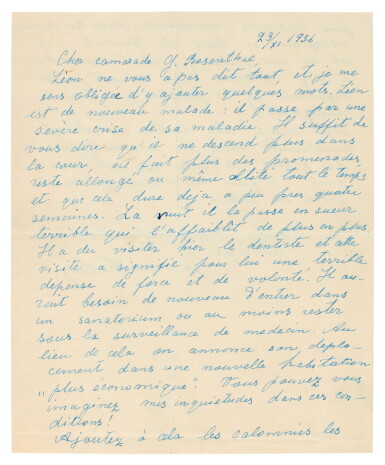 View full screen - View 1 of Lot 148. Natalie Trotsky | Two letters on her life in exile with her husband, to Gerard Rosenthal, 1938.