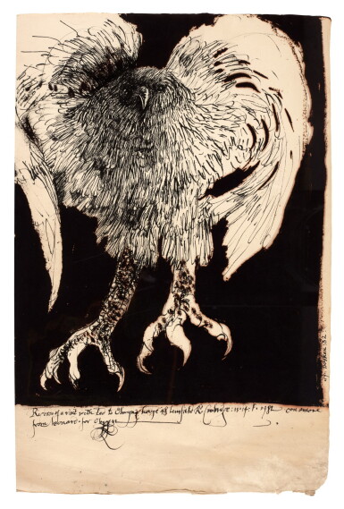 View full screen - View 1 of Lot 355. Leonard Baskin | Ink drawing of a bird, 1982, inscribed to Olwyn Hughes.