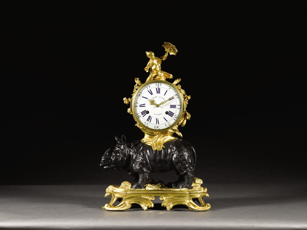 View full screen - View 1 of Lot 15. A Louis XV ormolu and patinated bronze Rhinoceros mantel clock attributed to Jean-Joseph de Saint-Germain, Paris, circa 1755.