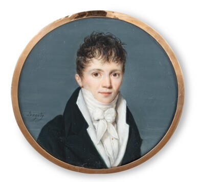 View full screen - View 1 of Lot 86. A French circular miniature on ivory representing a young boy, Pierre-Edouard Dagoty, Bordeaux, circa 1810 | Miniature ronde sur ivoire représentant un adolescent par Pierre-Edouard Dagoty, Bordeaux, vers 1810.