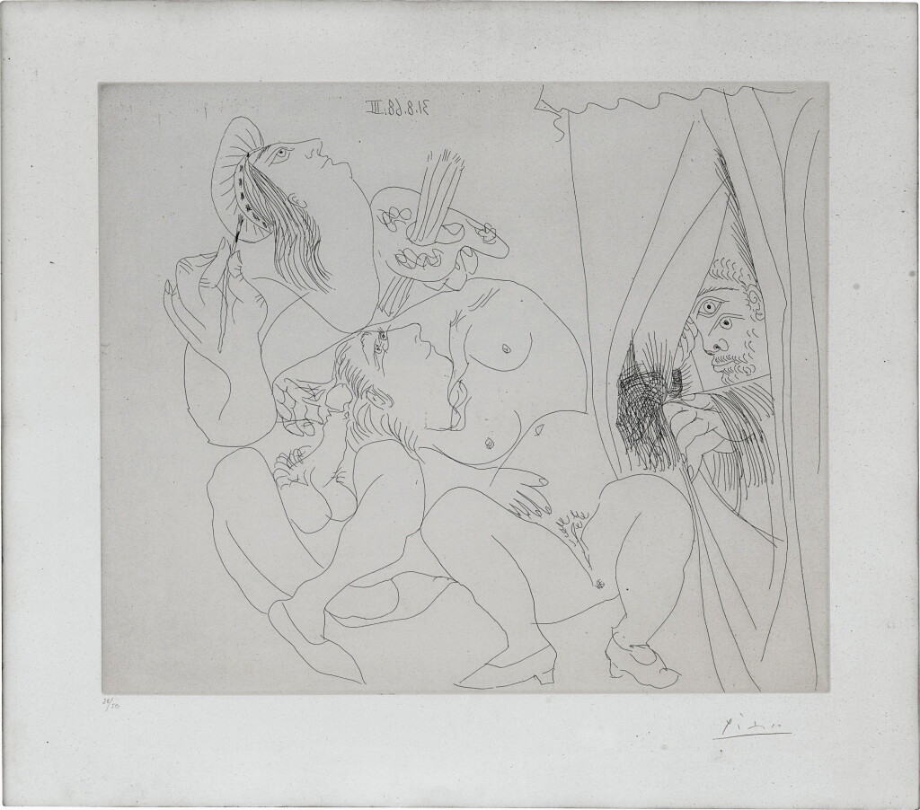 View full screen - View 1 of Lot 1233. Pablo Picasso 巴布羅・畢加索 | Raphael et la Fornaria. V: Avec Voyeur Écartant le Rideau, from the 347 Series (Bloch 1780; Baer 1797) 拉斐爾與弗納麗娜 V:拉開窗簾的偷窺者,347系列(Bloch 1780; Baer 1797).