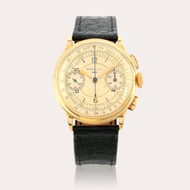 View full screen - View 1 of Lot 33. A fine 18ct gold chronograph wristwatch with register and a gold Cartier deployant buckle.
