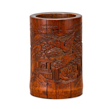 View full screen - View 1 of Lot 153. A carved bamboo 'scholar's landscape' brushpot, Qing dynasty, 19th century | 清十九世紀 竹雕人物風景紋筆筒.