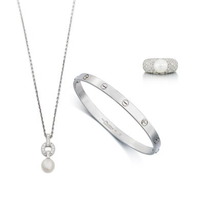 View full screen - View 1 of Lot 305. ‘Love’ Bangle-Bracelet, ‘Juliette’ Cultured Pearl and Diamond Ring; and ‘Himalaya’ Cultured Pearl and Diamond Pendent Necklace | 卡地亞 | ‘Love’ K金 手鐲, ‘Juliette’ 養殖珍珠 配 鑽石 戒指,及 ‘Himalaya’ 養殖珍珠 配 鑽石 項鏈.