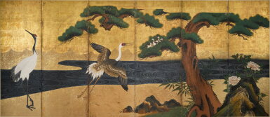 View full screen - View 1 of Lot 2. Anonymous | Cranes and chicks among pine | Edo period, 18th century .