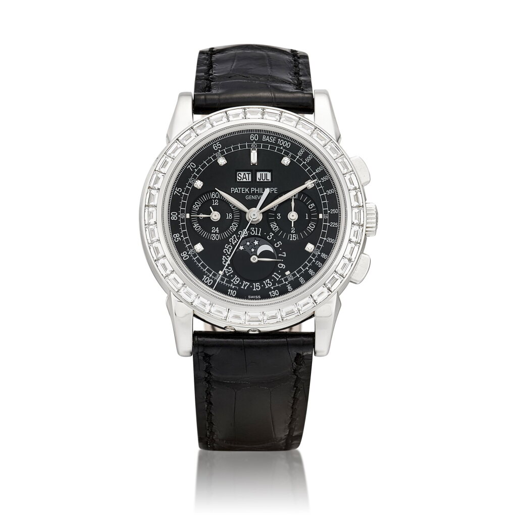 View full screen - View 1 of Lot 2217. Reference 5971 | A platinum and baguette cut diamond-set perpetual calendar chronograph wristwatch with day, date, moon phases, 24 hours and leap year indication, Circa 2008 | 型號5971 鉑金鑲長方形鑽石萬年曆計時腕錶,備日期、星期、月相、24小時及閏年顯示,約2008年製 | 型號5971 | 鉑金鑲長方形鑽石萬年曆計時腕錶,備日期、星期、月相、24小時及閏年顯示,約2008年製.