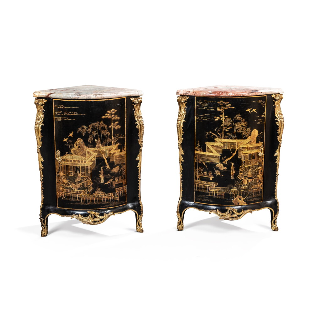 View full screen - View 1 of Lot 67. A pair of Louis XV bronze mounted Chinese lacquer and Parisian varnish encoignures, circa 1755, attributed to Jacques Dubois.