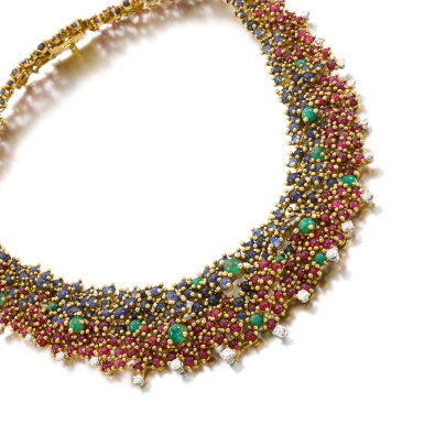 View full screen - View 1 of Lot 101. Gem-set and diamond necklace, 1967.