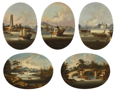 View full screen - View 1 of Lot 154. YOUQUA AND STUDIO | Chinese views: Macao, a view of the harbour with two figures in a sampan; Whampoa Pagoda; Dahangjiao Fort; and two river landscapes.