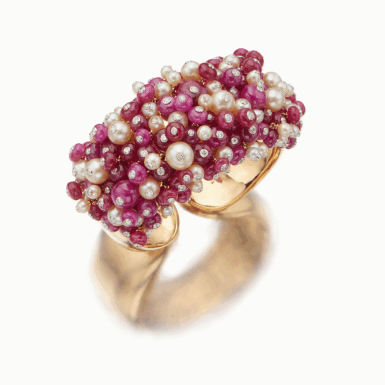 View full screen - View 1 of Lot 412. Gold, Ruby, Cultured Pearl and Diamond Cuff-Bracelet.