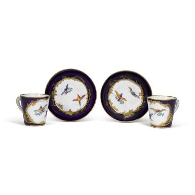 View full screen - View 1 of Lot 54. A pair of Vincennes bleu lapis cups and saucers (possibly the gobelet à la reine et soucoupe), 1755-6.