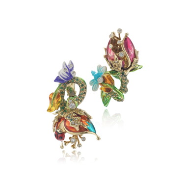 View full screen - View 1 of Lot 860. Pair of enamel, gem-set and diamond earrings.