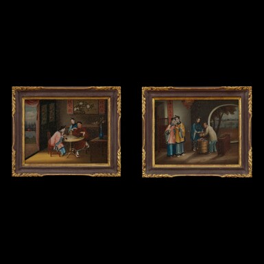 View full screen - View 1 of Lot 184. Chinese School, mid 19th century Gentleman and Ladies Playing Chess and Ladies Buying Flowers | 中國畫派 十九世紀中葉 對弈圖、賣花圖一組兩幅 布本油畫 木框.