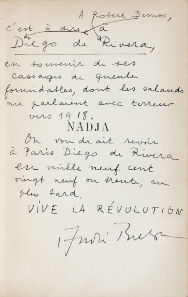 View full screen - View 1 of Lot 102. Nadja. NRF, 1928. In-12, broché. Édition originale. Exemplaire de Diego Rivera, avec envoi..