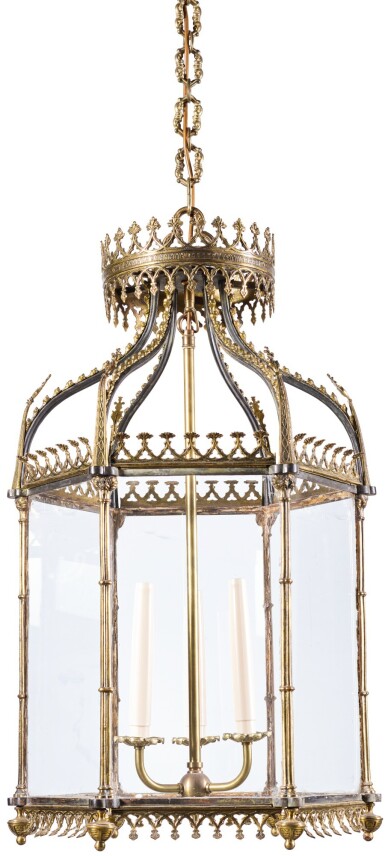 View full screen - View 1 of Lot 2. A PAIR OF REGENCY STYLE BRASS HALL LANTERNS, IN GOTHIC TASTE.