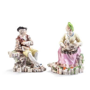 View full screen - View 1 of Lot 738. A Nymphenburg porcelain two-part figure group of a shepherd and shepherdess, circa 1765-75.