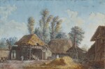 A Pair of Landscapes: A) Figures on a farm with hay bales B) River landscape with watermill