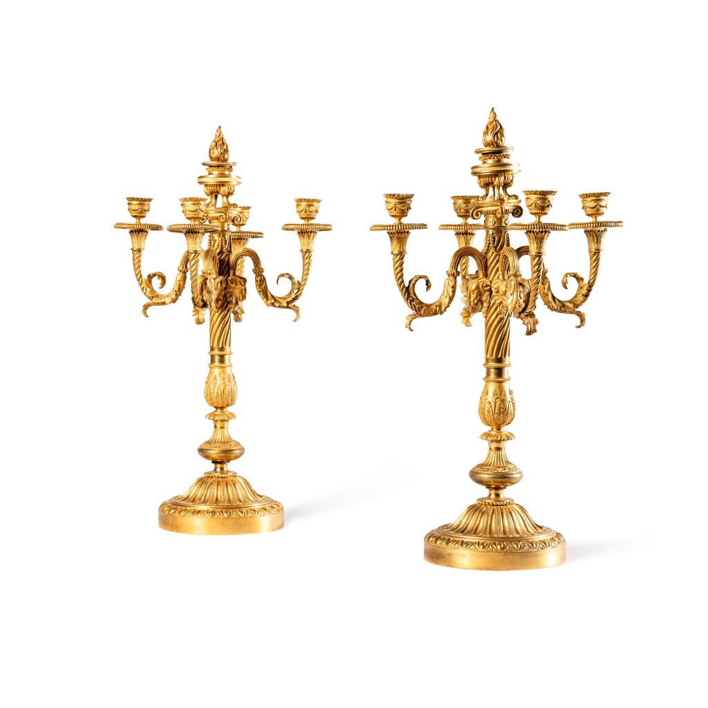 View full screen - View 1 of Lot 6. A pair of Restauration five-light gilt-bronze candelabra, circa 1820, in the manner of François Rémond.