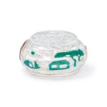 A polychrome overlay glass 'landscape' waterpot and cover, 19th / 20th century | 十九 / 二十世紀 透明地套三色料漁樵耕讀圖水盂連蓋