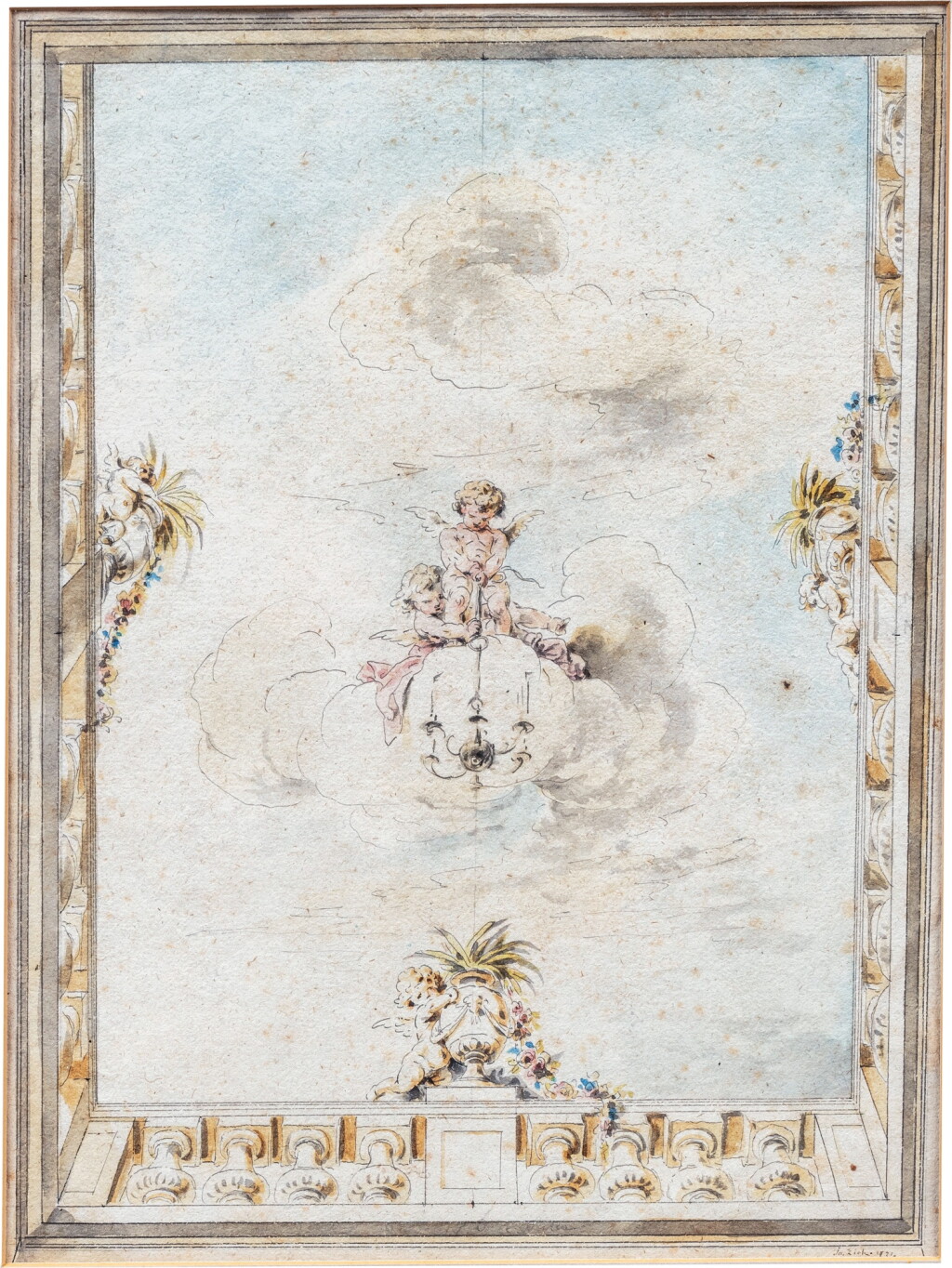 View full screen - View 1 of Lot 835. Design for a Ceiling Decoration with Putti holding a Chandelier.