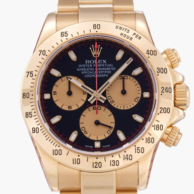 View full screen - View 1 of Lot 309. Daytona, Reference 116528 | A yellow gold chronograph wristwatch with bracelet | Circa 2010.
