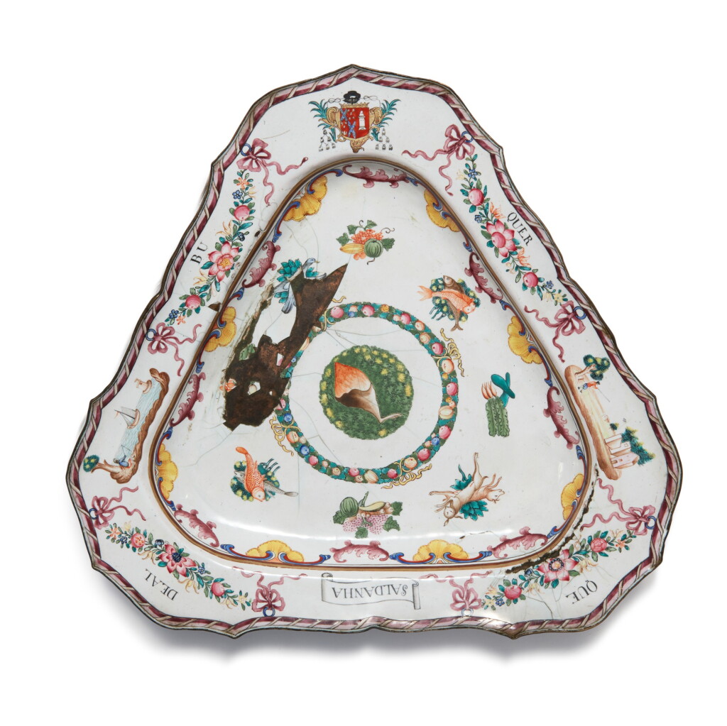 View full screen - View 1 of Lot 1773. A Rare Chinese Export Painted Enamel Triangular Armorial Dish for the Portuguese Market Qing Dynasty, Qianlong Period, Circa 1765 | 清乾隆 約1765年 銅胎畫琺琅紋章圖三角盤.