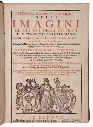 View full screen - View 1 of Lot 64. Cartari, Seconda novissima editione delle imagini de gli dei, Padua, 1626, contemporary vellum.