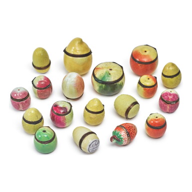View full screen - View 1 of Lot 621. A GROUP OF ENGLISH ENAMEL FRUIT-FORM BOXES, STAFFORDSHIRE, MOST 18TH CENTURY.