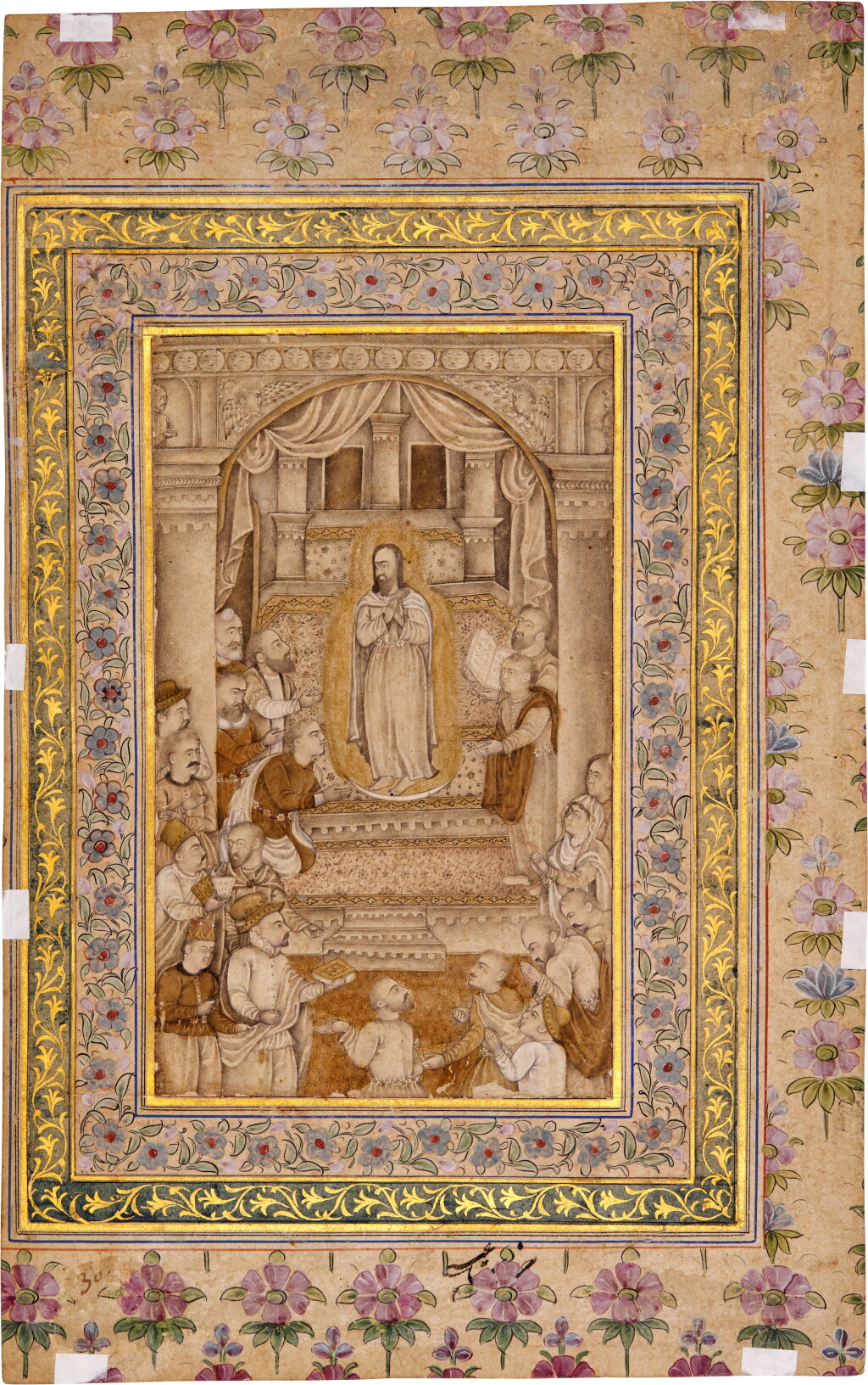 View full screen - View 1 of Lot 37. Christ nimbed in glory surrounded by disciples in a classical interior, India, Mughal or Deccan, mid-17th century; on a double-sided album page with calligraphy on the verso by the royal calligrapher Muhammad Husayn Zarin Qalam, Mughal, circa 1580-1600.