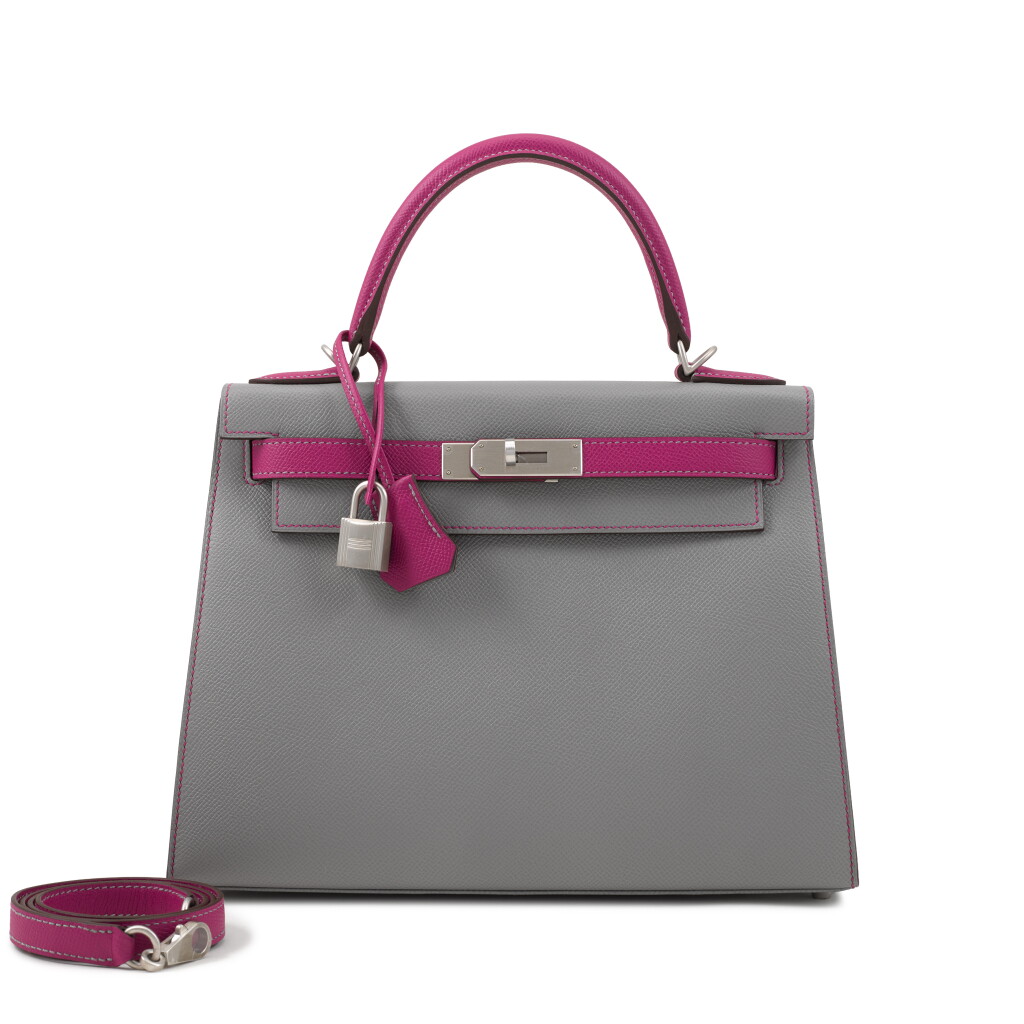 View full screen - View 1 of Lot 119. Gris Mouette and Rose Purple Epsom HSS Kelly 28 Sellier Brushed Palladium Hardware, 2018.