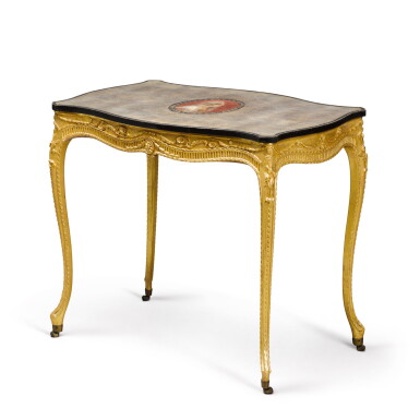 View full screen - View 1 of Lot 18. An early George III papier-mâché and giltwood table, circa 1760, the top attributed to Henry Clay, the base attributed to John Linnell.