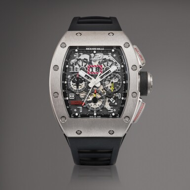 View full screen - View 1 of Lot 2192. Felipe Massa, Reference RM011 | A titanium semi-skeletonised annual calendar flyback chronograph wristwatch, Circa 2014 | Richard Mille | FELIPE MASSA 型號RM011 | 鈦金屬半鏤空年曆飛返計時腕錶,約2014年製.