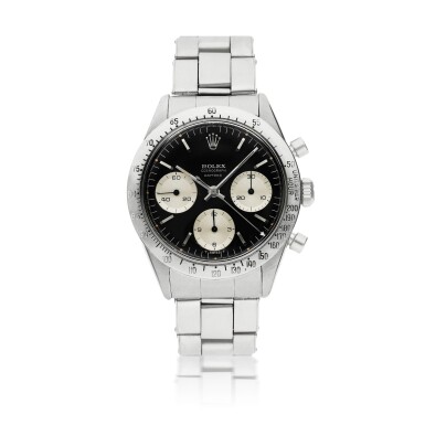View full screen - View 1 of Lot 37. ROLEX | REFERENCE 6239 DAYTONA A STAINLESS STEEL CHRONOGRAPH WRISTWATCH WITH REGISTERS AND BRACELET, CIRCA 1964.