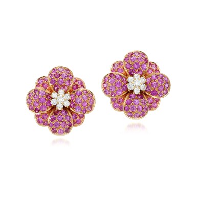 View full screen - View 1 of Lot 171. Pink sapphire and diamond earrings.