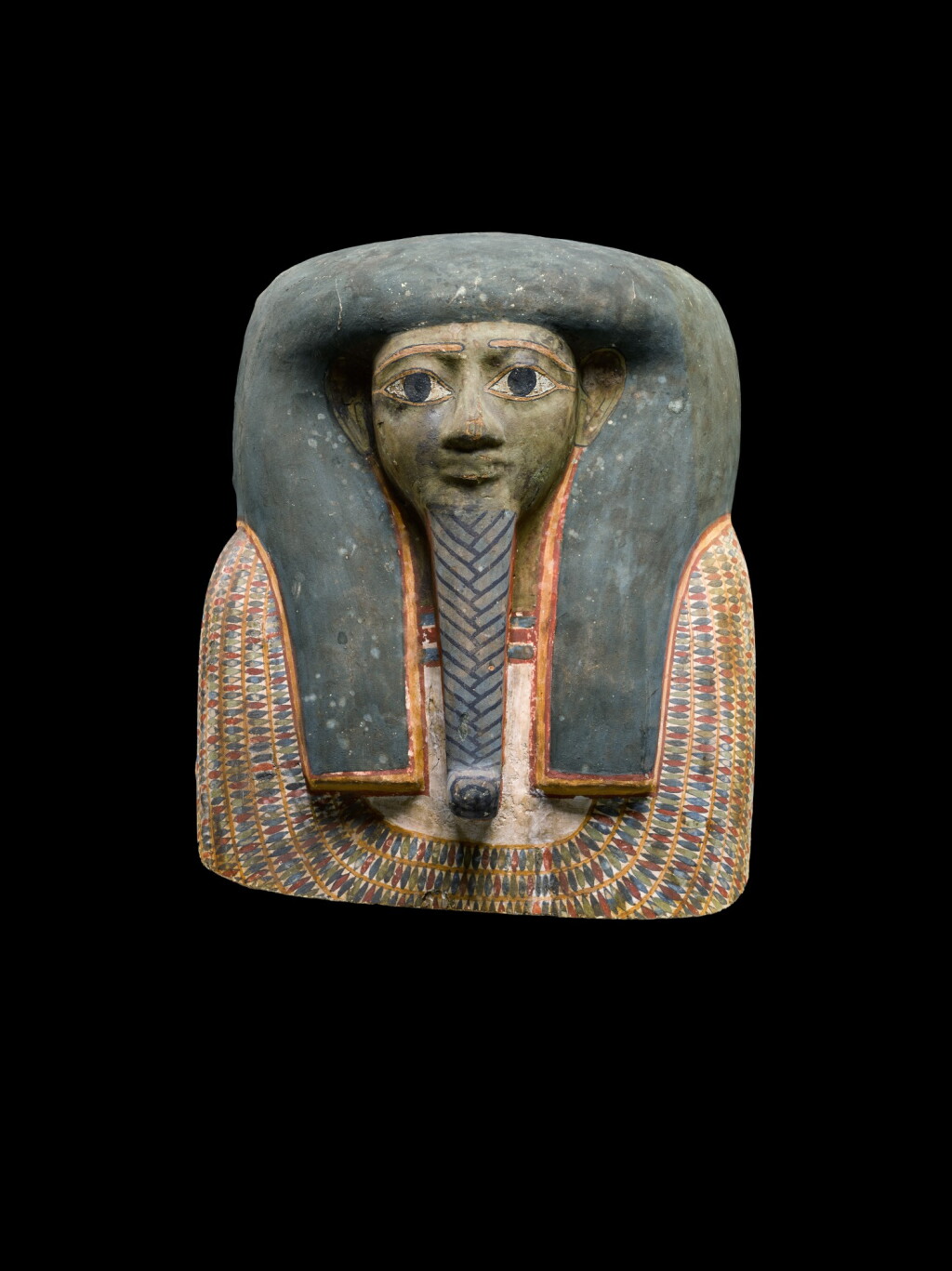 View full screen - View 1 of Lot 142. An Egyptian Polychrome Wood Mummy Mask, 25th/early 26th Dynasty, circa 750-600 B.C..