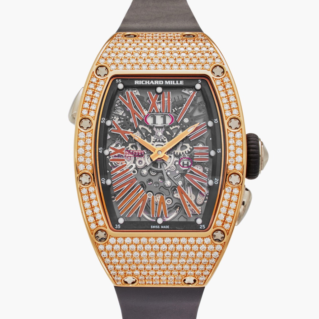 View full screen - View 1 of Lot 89. Reference RM037 AM RG | A pink gold and diamond-set semi-skeletonized automatic wristwatch with date, Circa 2015.