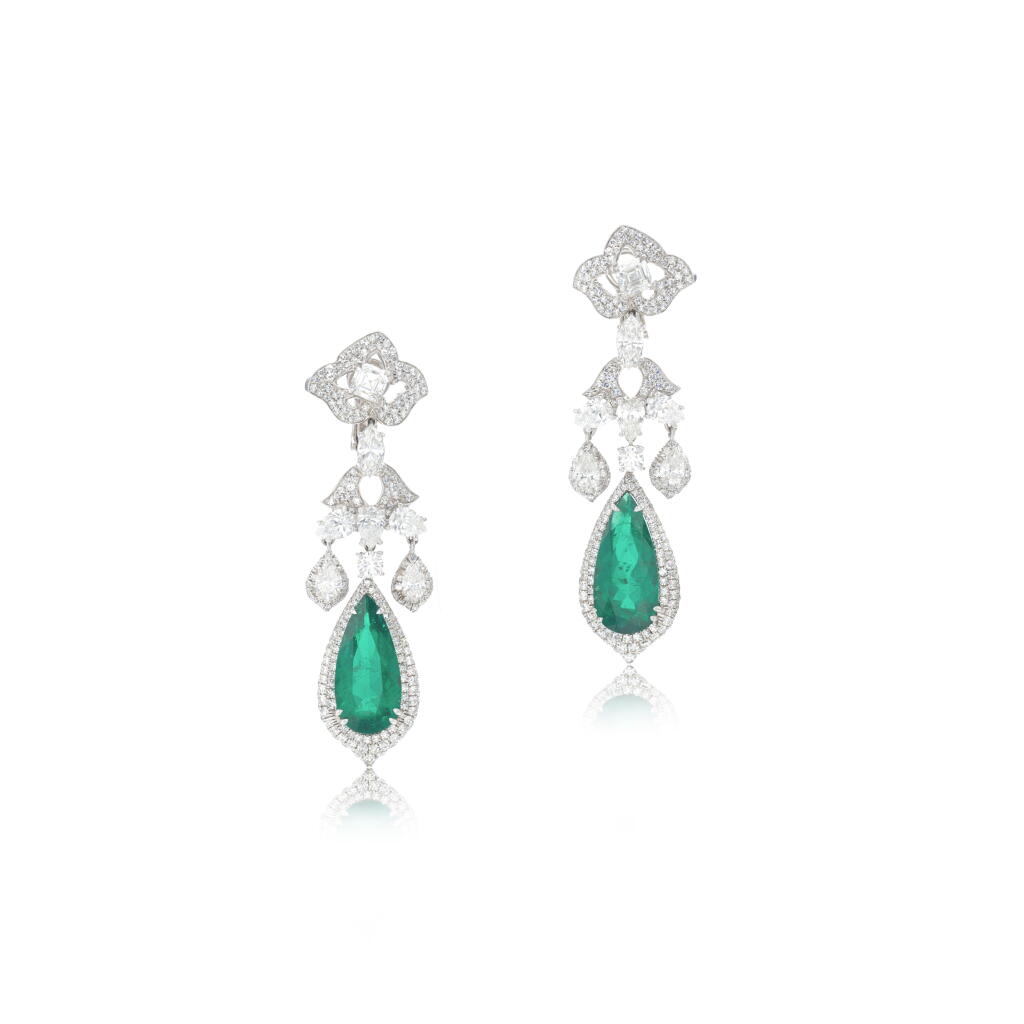 View full screen - View 1 of Lot 730. Pair of emerald and diamond pendent earrings.