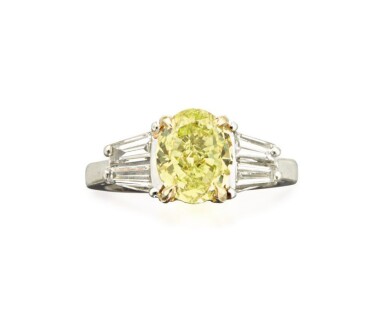 View full screen - View 1 of Lot 106. FANCY INTENSE YELLOW DIAMOND AND DIAMOND RING.