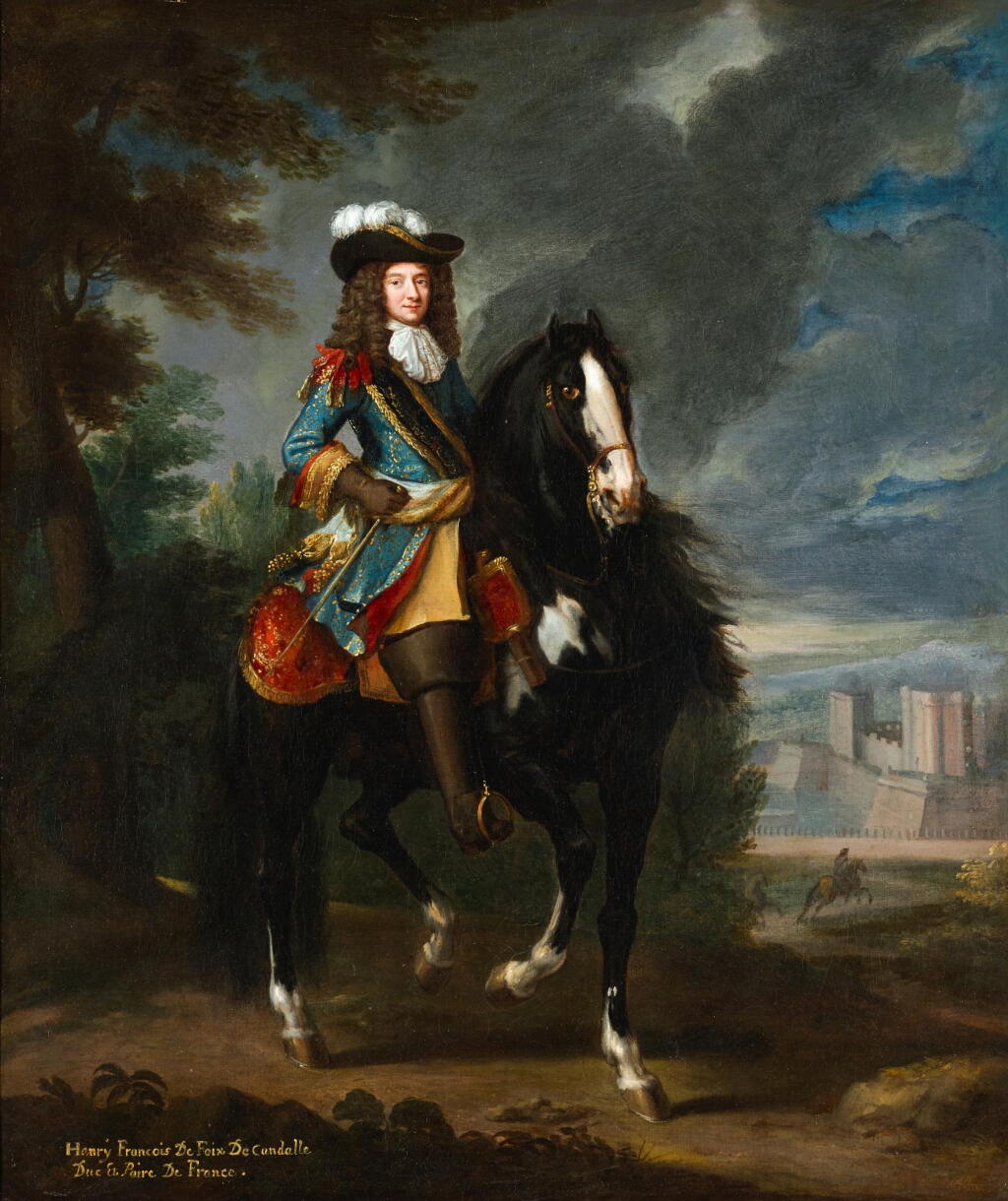 View full screen - View 1 of Lot 37. JOSEPH PARROCEL | An equestrian portrait of Henri François de Foix de Candalle (1640-1714), in an extensive landscape, before a fortified castle, possibly Chateau de Vincennes.