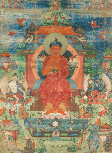 View full screen - View 1 of Lot 21. A rare thangka depicting Maitreya with Avalokiteshvara & Vajrapani in Tushita heaven, Tibet, 17th/18th century | 西藏 十七至十八世紀 彌勒佛唐卡 設色布本.