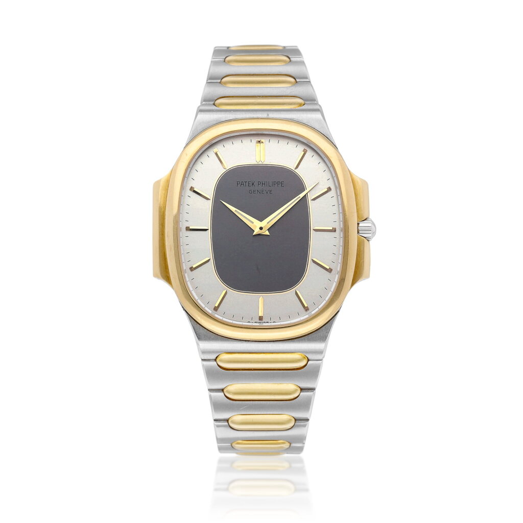 View full screen - View 1 of Lot 8156. 'Nautellipse', Reference 3770 | A yellow gold and stainless steel bracelet watch, Circa 1981 | 百達翡麗 | 'Nautellipse' 型號3770 | 黃金及精鋼鏈帶腕錶,約1981年製.