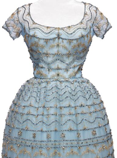 View full screen - View 1 of Lot 49. Demi-Couture Embellished Ice Blue Cocktail Dress, circa 1959.