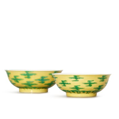 View full screen - View 1 of Lot 3502. A pair of rare yellow-ground slip-decorated green-enamelled bowls, Marks and period of Kangxi | 清康熙 黃地綠彩祥雲紋盌一對 《大清康熙年製》款.