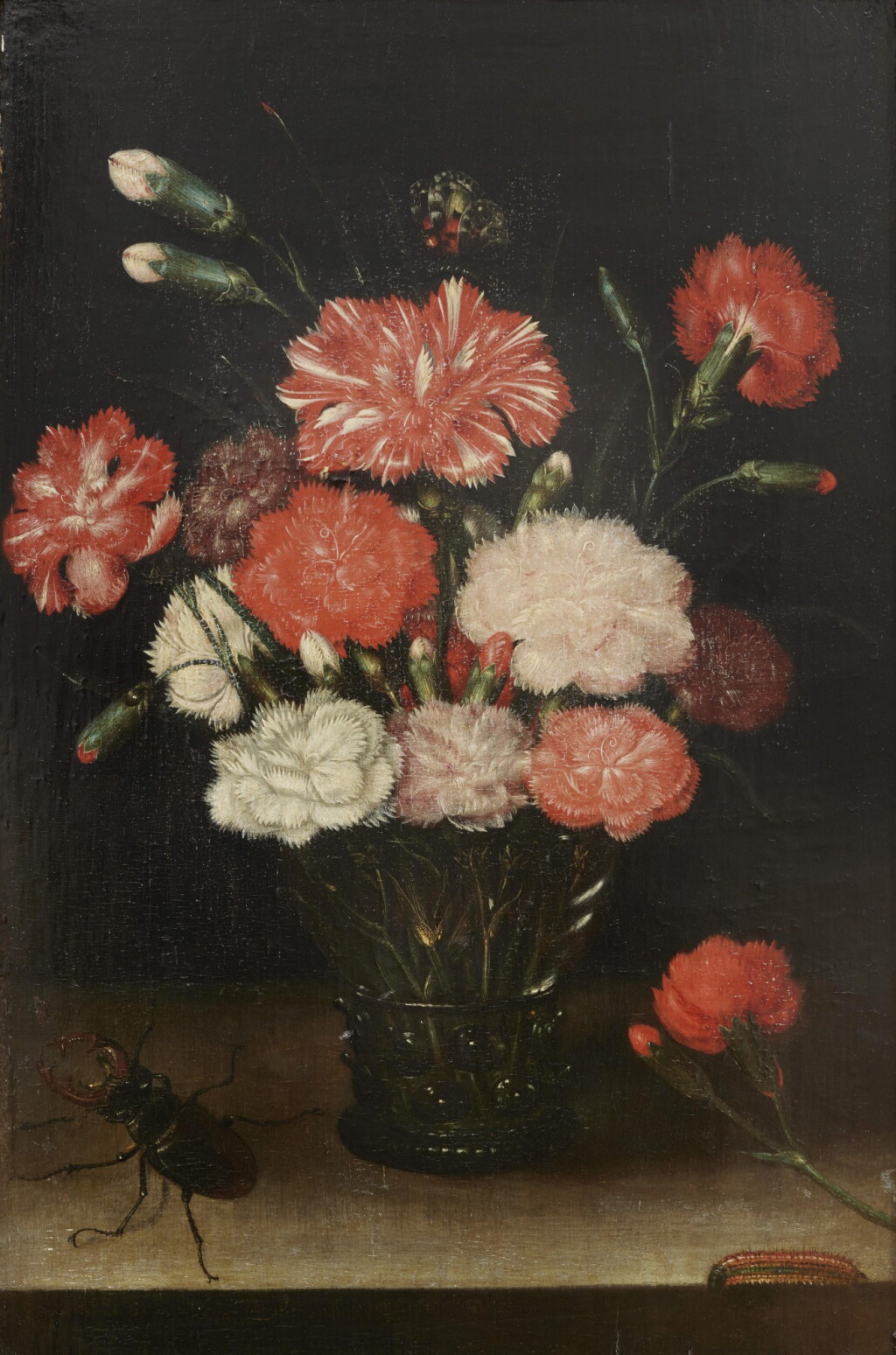 View full screen - View 1 of Lot 27. Carnations in a roemer with a butterfly, a caterpillar and a stag beetle.