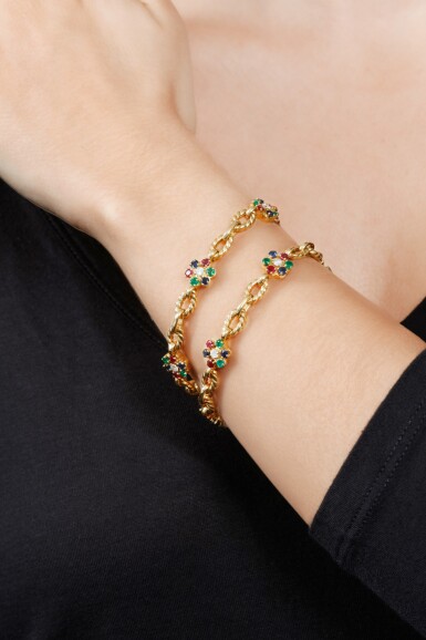 View full screen - View 1 of Lot 120. PAIR OF GEM SET AND DIAMOND BRACELETS, BOUCHERON, 1950S.