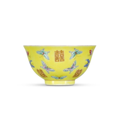 View full screen - View 1 of Lot 207. A yellow-ground famille-rose 'butterfly and shuangxi' bowl, Mark and period of Tongzhi | 清同治 黃地粉彩百蝶雙喜紋盌《同治年製》款.