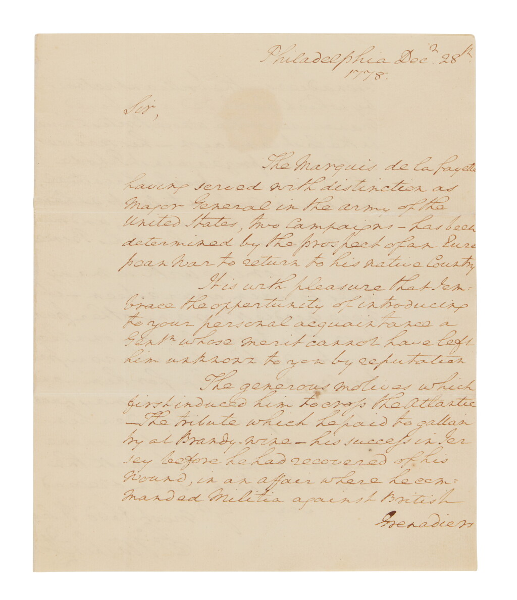 View full screen - View 1 of Lot 514. Washington, George | An extraordinary letter marking the conjunction of three of the most consequential figures of the American Revolution: George Washington, the Marquis de Lafayette, and Benjamin Franklin.