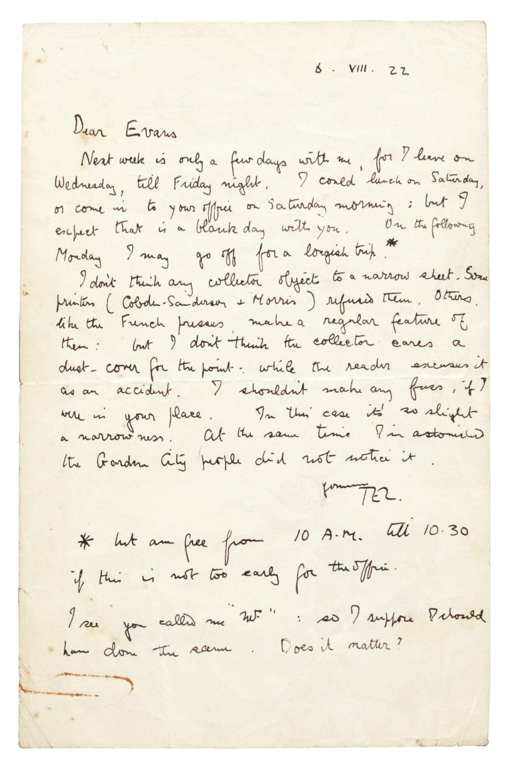View full screen - View 1 of Lot 8. T.E. LAWRENCE | autograph letter signed, to C.S. Evans, 6 August 1922 .