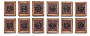 View full screen - View 1 of Lot 117. A Set of Twelve Patinated Bronze, Porphyry and Yellow Siena Profile Relief Plaques of Roman Emperors, 19th/20th Century .